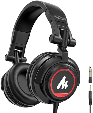 MAONO Professional Over Ear Headphones for Studio Recording: Monitor Headset Wired with 50mm Drivers and 1/4 inch to 3.5mm Jack for Mixing Music Production Podcast (Black+red)