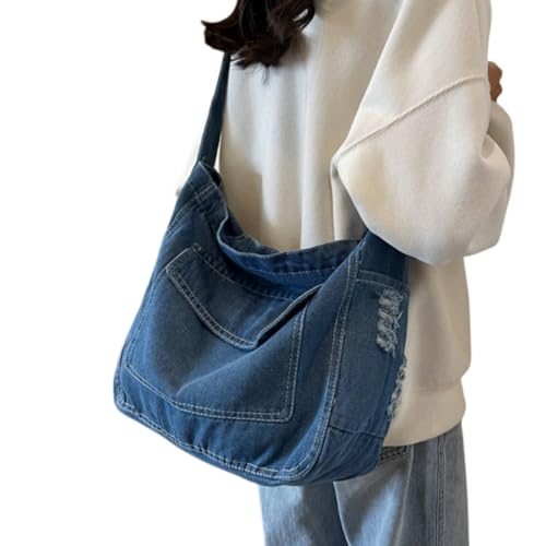 Image of Womens Denim Shoulder Hobo Handbag Canvas Jean Cross Body Bag Leisure Daily Travel Bag Shopping Bag,Light Blue