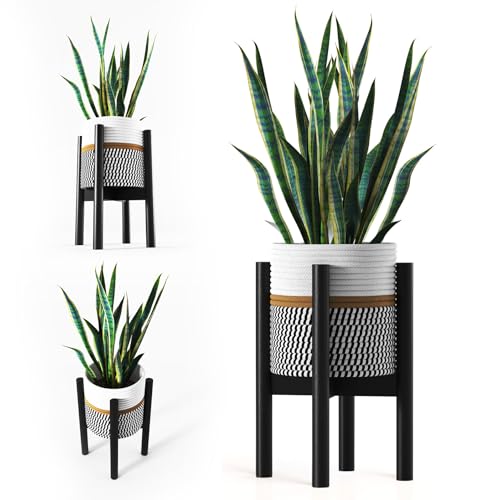 LA CASITA DE AMARA - Conjunto Macetero Textil + Soporte Plantas Bambú para Plantas Artificiales Decorativas o Plantas Naturales Interior. Macetero con Pie para Decoracion Hogar en color Negro
