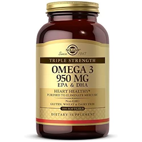Solgar Triple Strength Omega-3 950 mg, 100 Softgels - Supports Cardiovascular, Joint & Skin Health - Heart Healthy Supplement - Essential Fatty Acids - Non GMO, Gluten Free, Dairy Free - 100 Count