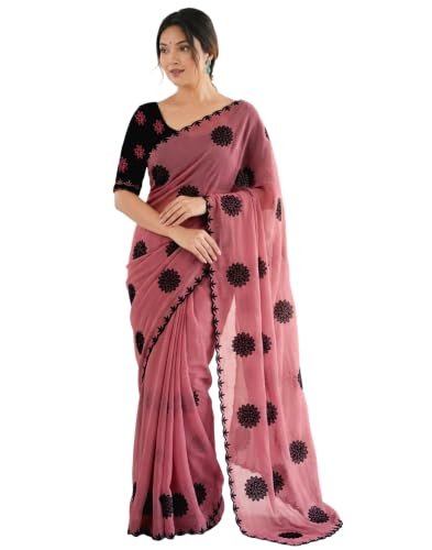 SIRIL Women's Shimmer Georgette Embroidery Saree with Unstitched ...