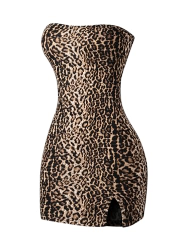 Floerns Women's Leopard Print Sleeveless Tube Top Club Dress Split Bodycon Mini Dress
