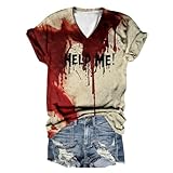 Generisch Camiseta de Halloween para mujer, con texto en inglés 'I'm Fine Blood', manga corta, cuello en V, camiseta con estampado sangriento, Camiseta C3-rojo, XL