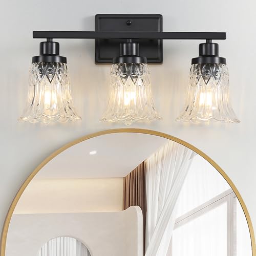 Image of JOPESO Bathroom Light Fixtures,Matte Black 3-Light Bathroom Lights Over Mirror with Glass Shade,Bathroom Wall Sconce Lamp for Mirror Living Room Bedroom Hallway (Black, 3-Light)