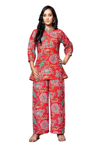 GRECIILOOKS Anarkali Kurta-Set for Women – Viscose Rayon Printed Kurta & Straight Pant | 3/4 Sleeve Trendy Summer Travel Outfit Dress | Festive Indian Traditional Outfit for Functions & Puja | Picnic | Vacation Wear
