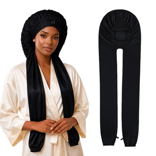 Ice Silk Bonnet for Long Hair Braid Bonnets for Sleeping with Non-Slip 35.3 Stay-On Cap for Braids & Locs Breathable & Silky No Pressure Marks Black