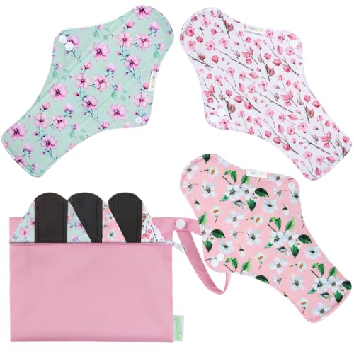 Image of wegreeco Charcoal Reusable Menstrual Pads - Reusable Sanitary Pads | Reusable Panty Liners | Soft Cloth Menstrual Pads - 6 Pack with 1 Cloth Mini Wet Bag (X-Large, Cherry Blossoms)