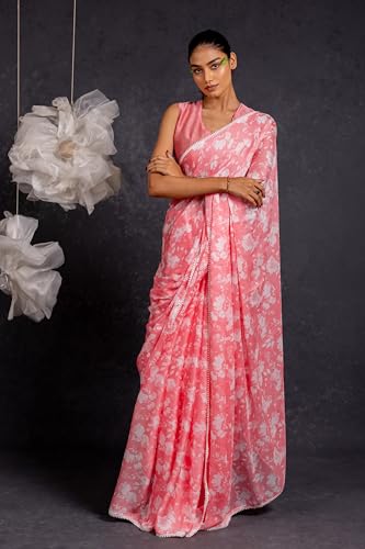 Image of MIRCHI FASHION Saree for Woman Georgette Floral and Leaf Printed | Elegant Farewell and Ceremonial Women's Sari with Blouse Piece