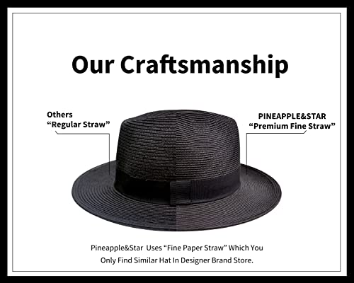 Pineapple&Star Sun Straw Fedora Beach Hat Fine Braid Upf50+ For Unisex Black #TOP3