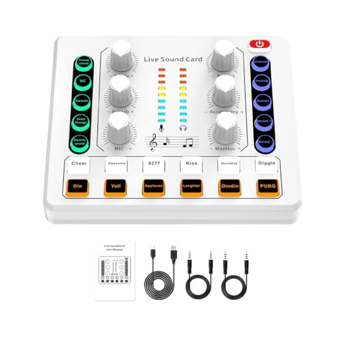 Ficontek Live Sound Card M8 Mini Audio Mixer Board DJ Mixer for Music Recording Karaoke Singing Broadcast & Live Stream/Podcast/Game(White)