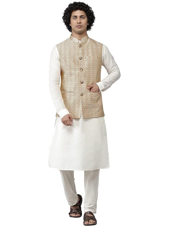 see designs Men Gold & White Woven Jacquard Nehru Jacket-picture-21