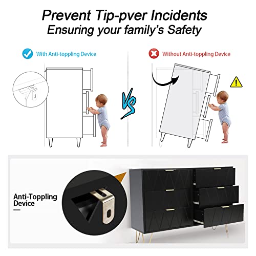 Anbuy Black 6 Drawer Dresser For Bedroom, Large Double Dresser With Wide Drawers And Gold Handles, Modern Chest Of Drawers #TOP6