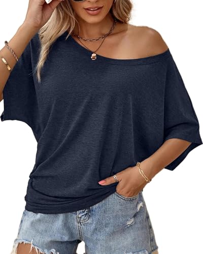 Image of Hilinker Womens Sexy Off The Shoulder Tops Short Batwing Sleeve T Shirt Oversized Casual Tee