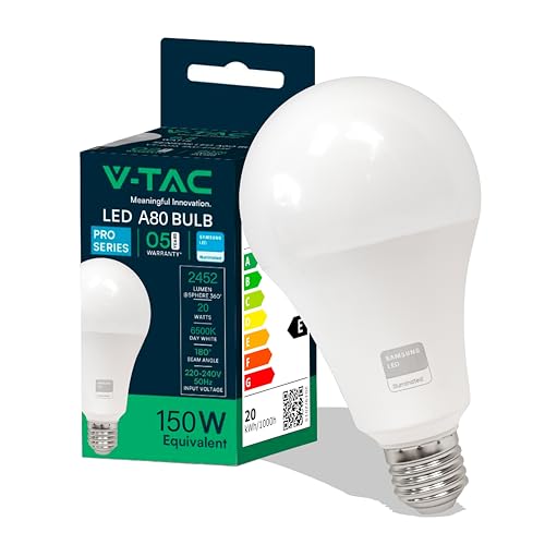 V-TAC Ampoule LED culot E27 20W (équivalent 150W) A80-2452 Lumen - 6500K Blanc Froid - Ouverture du faisceau lumineux 200° - Efficacité Maximale et Économie d'Énergie