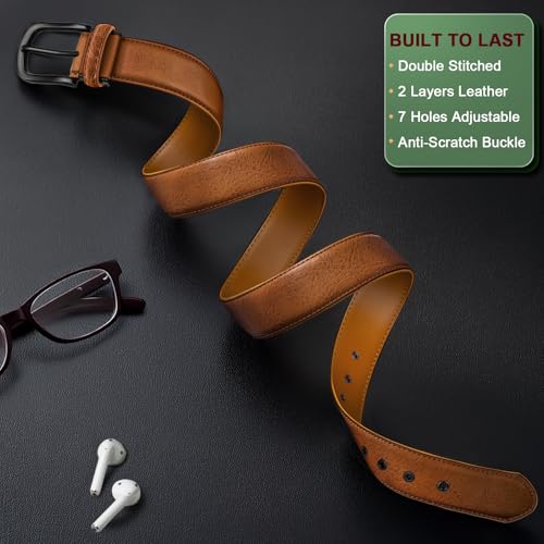 KEMISANT Men Leather Belt 7Holes Adjustable for Jean Casual Dress Golf 1 1/2"-Metal Hole Design-Cut For Fit2