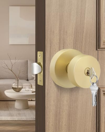Image of Goldenwarm Gold Door Knobs Entry, Zinc Alloy Brushed Gold Door Knobs with Lock and Key, Front Door Lock for Exterior or Interior, Adjustable & Reversible (1 Pack)