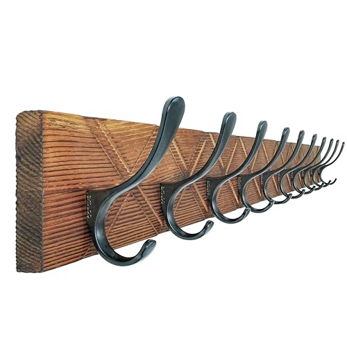 SKOLOO Perchero de pared de madera antigua tallada en X, gancho para abrigos de pared con 10 ganchos para colgar abrigos, sombreros, ropa, bufandas, marrón y negro