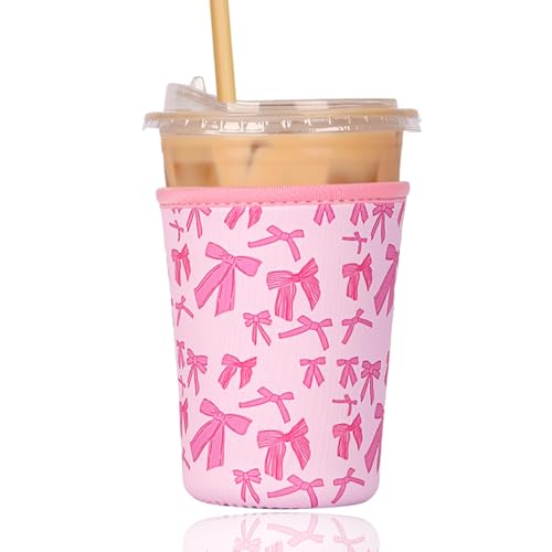 Image of Reusable Insulated Sleeve for Iced Coffee Cup, Coffee Neoprene Sleeve for Cold & Hot Drinks, Beverage Holder for Iced Coffee (Pink Bows, Medium: 22-24oz)