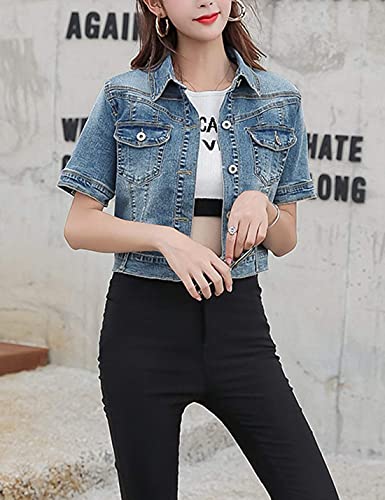 Omoone Women's Summer Short Sleeve Slim Crop Denim Trucker Jacket Jean Coat Tops(0953-Dark Blue-S) #TOP6