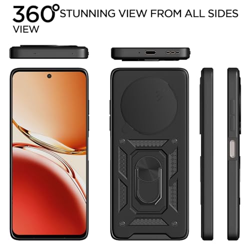 Image of Pikkme D10 Tough Armor Bumper Case | 360 Protection Case | Sliding Camera Shield Cover & Ring Holder Stand Back Cover for Oppo Reno 12 F 5G (Black)