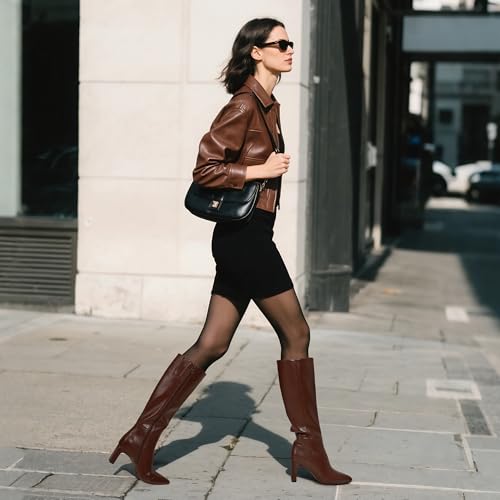 DREAM PAIRS Knee High Boots Women Chunky Block Heel Square Toe Side Zipper Tall Boots for Women,Size 6,Brown-Pu,DWUMKB2540
