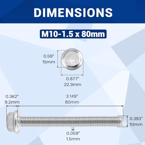 Image of M10-1.5 x 80mm Serrated Flange Hex Bolts + Flange Nut + Flat Washer + Lock Washer Combo Pack, 304 Stainless Steel 18-8, for Automotive & Machinery, 6 Sets