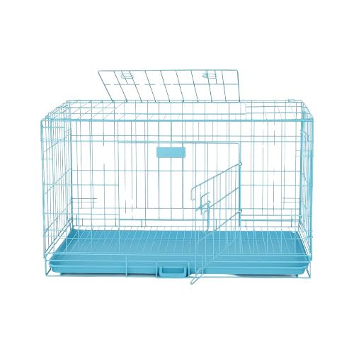 Image of PETJOY Foldable Metal Dog Cage | Dog Crate Kennel for Puppies, Small Dogs, Cats & Rabbits | Single Door with Secure Lock, Removable Leak-Proof Tray | Portable & Easy to Clean Pet Cage (Blue, 30 INCH)