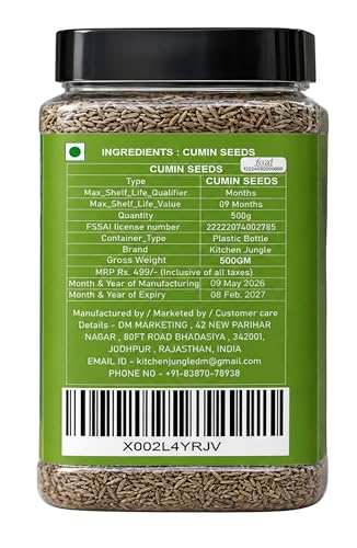 Image of Kitchen Jungle Premium Cumin Seeds 500gm (Jeera Whole) | Aromatic Whole Spice for Cooking, Roasting & Seasoning | Natural Indian Jira
