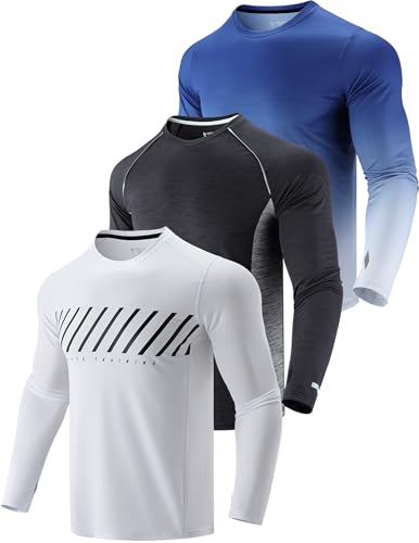 3 Pack: Men's Dry Fit Long Sleeve T Shirts, Lightweight Athletic Performance Tops with Thumb Holes Hiking