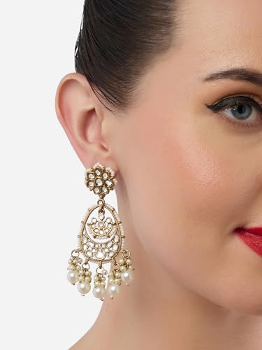 Image of Zaveri Pearls Antique Gold Tone Kundan & Pearls Embellished Dangler Earring For Women-ZPFK19030