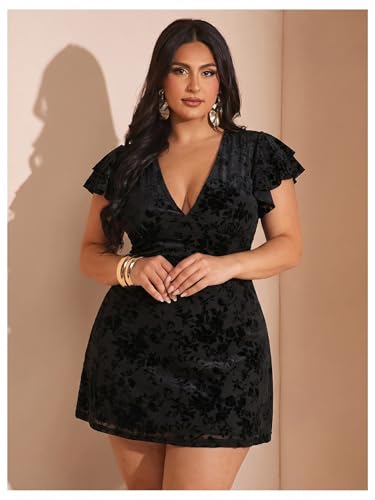 Image of BEAUDRM Women's Plus Size Cocktail Floral Short Dress Deep V Ruffle Short Sleeve Bodycon Mesh Wedding Guest Party Dresses