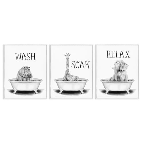 Image of Jungle Animals Bathroom Signage, 11 x 14 Inch Framed Giclee Print Set | Stupell Industries . By Rachel Nieman . Ready to hang . Great for bath and laundry . Made in USA