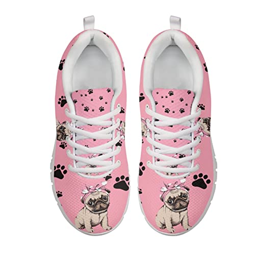 Jndtueit Damen Slip on Schuhe Rosa Mops Hund Walking Sneakers Fashion Athletic Sport Schuhe Welpen Hundepfote Muster Air Mesh Jogging Sneaker