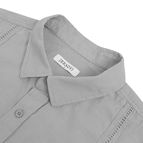 Image of JEKAOYI Mens Casual Linen Cotton Button Down Short Sleeve Shirts Cuban Camp Guayabera Beach Tops