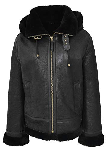 Veste B3 Peau de Mouton Femme avec sweat à capuche détachable style pilote aviateur Naomi Noir