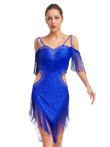 Mufeng Damen Lateinamerikanischer Ballkleid Mit Fransen Pailletten Salsa Tango Samba Saal Bühnenkostüm Tanzbekleidung Blau S