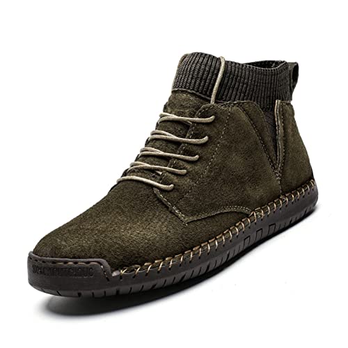 Image of Men's Vintage Hand Stitched Lace-Up Mid Loafers,Lace-up Chukka Dress Boot Motorcycle Walking Boots,Casual Leather Ankle Boots
