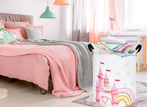 Image of MAIZMZ Kids Hamper Pink Castle Storage Bins Organizer Toy Box Laundry Basket Large Canvas Collapsible Chest for Home /Dorm /Kitchen /Pet /Office /Closet /Shelf /Gift Baskets