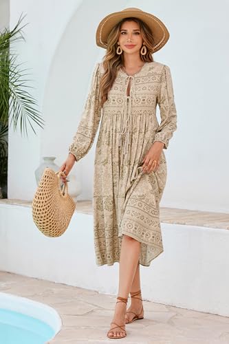 R.Vivimos Women's Long Sleeve Floral Print Retro V Neck Tassel Bohemian Midi Dresses (2XL, LightKhaki) - Thumbnail 4