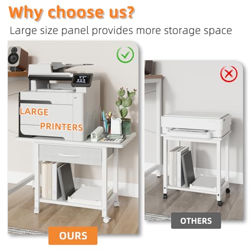Image of YAOHUOO 22 inchx15 inch Large Printer Stand with Drawer, 2-Tier Rolling Table Cart | Under Desk Printer Table,Storage Fabric Drawer,Fit printer /fax /3d /scanner,4 Lock Wheels or Feet,For Home Office Dorms,White