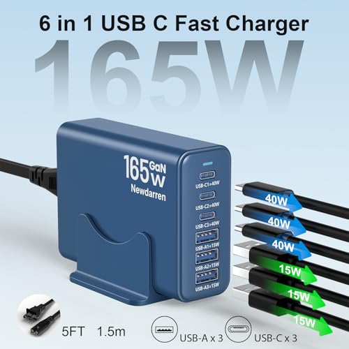 Image of 165W Charging Station, 6 Port Desktop Charger, 3 Ports 40W Blue