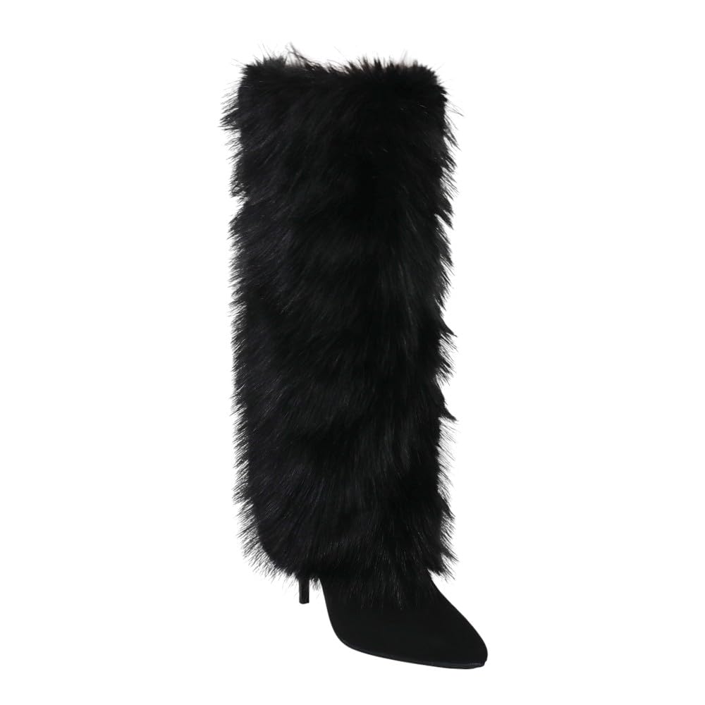 Liliana Womens Knee High Fur Boots Pointed Toe Fuzzy High Heel Fold Over Tall Fashion Boot