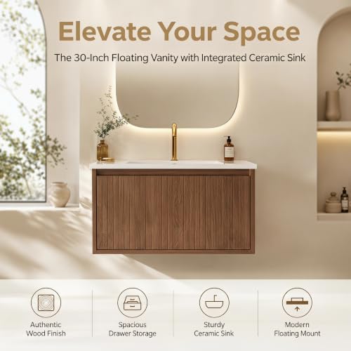 Image of 30 Inch Floating Bathroom Vanity with Ceramic Sink, Modern Striped Wall Mount Vanity Cabinet with Compartmentalized Storage Drawer, Walnut