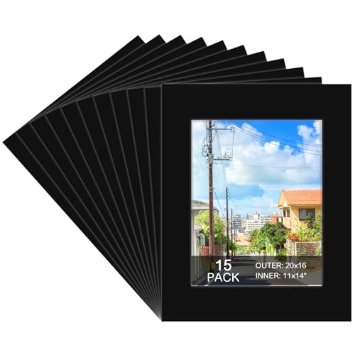 Prudiut 15 Pack 20x16 Black Picture Mats Frame Mattes for 11x14 Pictures Display Photo Frame Mat Core Bevel Cut Mat Board Show Kit for Photos Prints Artworks