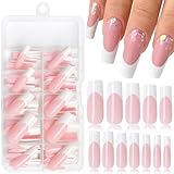 LoveOurHome 120pc French Press on Nails XL - Extra Long Square False Acrylic Tips With White French Style - Artificial Nails for Women Girls With Glue Adhesive Tabs