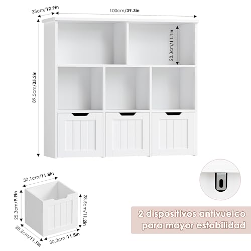 FOREHILL Mueble Almacenaje Juguetes, Mueble Juguetes Organizador, Estanteria Montessori, Estanteria Infantil, Libreria Montessori Infantil, con Ruedas, para Salón, 100x33x89,5cm (Blanco) - imagen 3