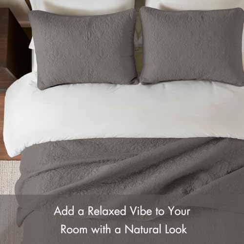 Image of Madison Park Quebec Quilt Set - Luxurious Damask Stitching Design, Cotton Filled Lightweight Coverlet Bedspread Bedding, Shams, King /Cal King(104 inchx94 inch), Dark Grey 3 Piece