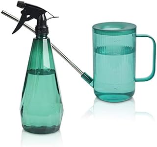T4U 1L Watering Can Long Spout Plastic, Stainless Steel Spout Water Can with Fine Mist Spray Bottle, Modern Water Sprayer Bottle with Handle for Gardening and Cleaning (Green)- Pack of 2