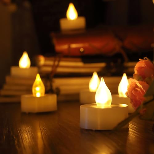 Image of 12 Battery Operated Flameless LED Tea Lights with Timer Realistic Flickering Electric Tealight Votive Candles Set Bulk Baptism Wedding Party Decoration Kitchen Home Decor Centerpieces Batteries Incl.