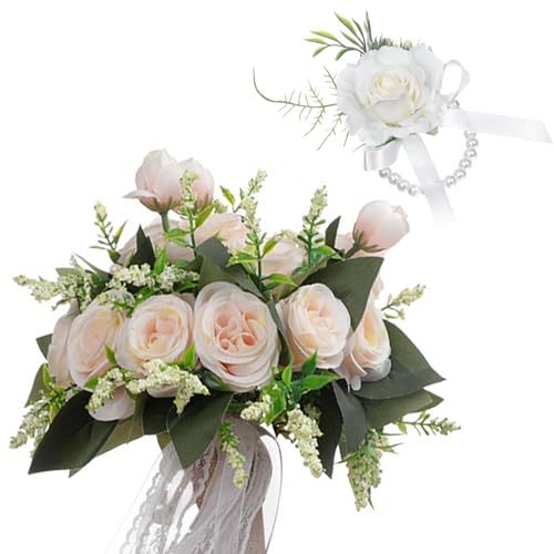 PLUSHCEWT Bouquet de mariée roses artificielles et fleurs de poignet pour demoiselle d'honneur, bouquet de mariage romantique pour décoration de mariage, Saint-Valentin, confession, fête, église (B)